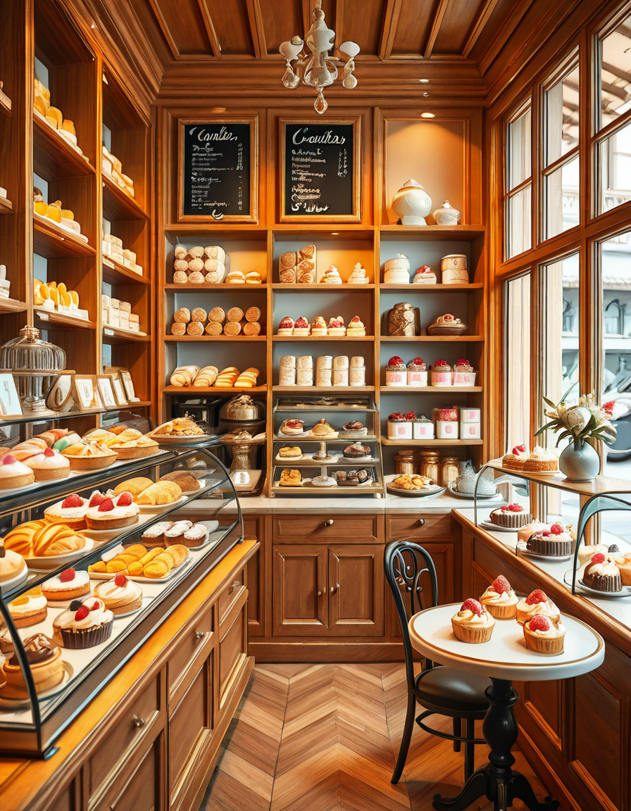A beautifully designed, elegant pastry shop with a luxurious European-inspired aesthetic. The interior features intricate moldings, high ceilings, and large arched windows that allow natural daylight to stream in, casting a soft glow over the polished marble floors. The walls are adorned with pastel-colored wallpaper, delicate gold accents, and vintage-style framed paintings of pastries and tea sets.
The centerpiece of the shop is a long glass display case filled with an exquisite assortment of pastries, including colorful macarons, delicate éclairs, fruit tarts with glistening glaze, and elegantly decorated cakes with intricate sugar flowers. Behind the counter, shelves lined with neatly arranged boxes of artisanal chocolates, fine teas, and jars of homemade jam add to the refined atmosphere. Crystal chandeliers hang from the ceiling, casting a warm golden light that reflects off the glass surfaces.
Small round tables with marble tops and wrought iron chairs are arranged neatly throughout the space, each set with fine porcelain teacups and decorative napkins. A large antique-style clock hangs on the wall above a wooden shelving unit filled with fresh baguettes and croissants resting in woven baskets. The air is filled with the inviting scent of fresh-baked pastries, vanilla, and rich espresso.
In the background, a grand espresso machine with polished brass fittings sits atop a marble counter, next to a beautifully arranged tiered cake stand displaying freshly made confections. A large, arched doorway with a carved wooden frame leads to a cozy back room with additional seating and a vintage-style menu board showcasing the shop's specialties written in elegant calligraphy. The entire setting evokes a sense of refinement, charm, and indulgence, with a warm and welcoming ambiance.
<lora:SDXLFaeTastic2400:0.4> <lora:extremely_detailed:0.4> extremely detailed, <lora:elegant_p4stry_sh0p_illus:1>,elegant p4stry sh0p, Masterpiece,best quality,hi res,8k,hi res,8k,award winning,(sharp focus, intricate, highly detailed),