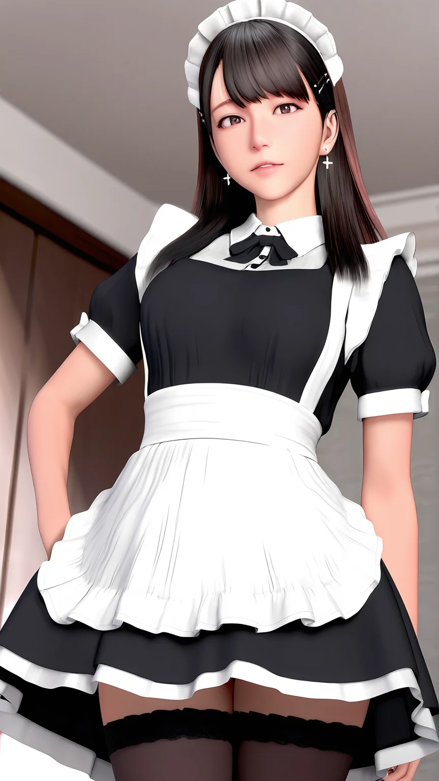 amazing quality,absurdres,best quality,masterpiece,highres,newest,detailed,detailed body,detailed face,masterpiece,best quality,solo,realistic,3d,
Kawase Rina,1girl,solo,dress,pthighhighs,black hair,maid headdress,long hair,maid,long hair,looking at viewer,brown hair,jewelry,brown eyes,earrings,<lora:Kawase Rina:0.8>,
