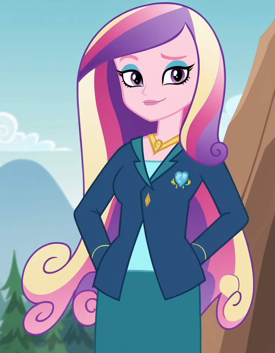 score_9, score_8_up, score_7_up, source_anime, <lora:dean-cadance-movie-ponyxl-lora-nochekaiser:1>, cadance, long hair, very long hair, purple eyes, pink hair, purple hair, multicolored hair, two-tone hair, eyelashes, makeup, eyeshadow, skirt, formal, suit,, cliff, height, rocks, nature, sky, , smug, looking at viewer, solo,, dutch angle, cowboy shot
