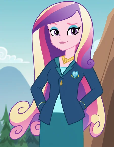 score_9, score_8_up, score_7_up, source_anime, <lora:dean-cadance-movie-ponyxl-lora-nochekaiser:1>, cadance, long hair, very long hair, purple eyes, pink hair, purple hair, multicolored hair, two-tone hair, eyelashes, makeup, eyeshadow, skirt, formal, suit,, cliff, height, rocks, nature, sky, , smug, looking at viewer, solo,, dutch angle, cowboy shot