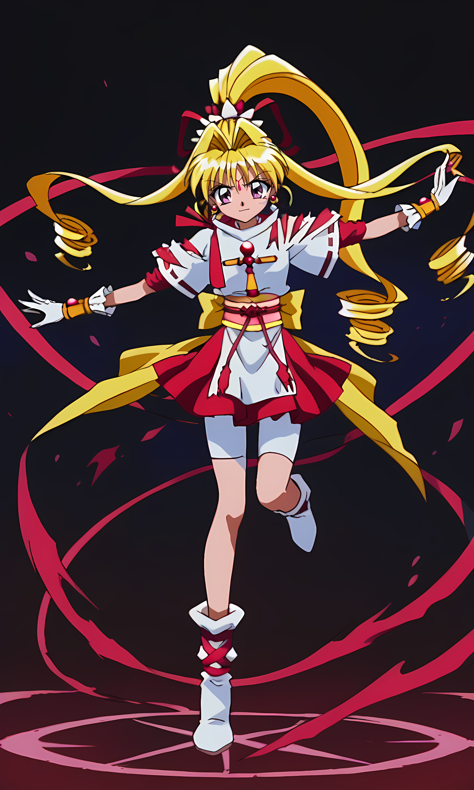 8k, best quality, solo, cute, score_9, score_8_up, score_7_up, 90s anime, masterpiece, source_anime, KKJs2, artist A style, purple eyes, forehead jewelry, scar on face, blonde hair, very long hair, hair intakes with drill long sidelocks, one high drill ponytail at the back, red hair ribbon with white octagonal decoration, earrings, torn outfit, red inner clothes with white edges, torn white outfit, folded standing collar, white collar, white side slit and long shirt tail, red accents on white short sleeves, torn white left sleeves, short red inner sleeves on the left hand revealed, torn white right sleeves, torn short red inner sleeves on the right hand, exposed lower arms, shoulder decoration, red ribbon decoration on shoulder, torn shoulder on left arm, red inner clothes revealed, cross ornament on chest, gold bracelet, long white gloves, red and yellow sash, red rope with tassels, large yellow bow, red layered miniskirt, white bike shorts, covering thighs, bare thighs between bike shorts and boots, white boots, red crisscross ribbons wrapping around boots, holding 1ribbon wand, red ribbon, dynamic pose, dark environment, magical circle,