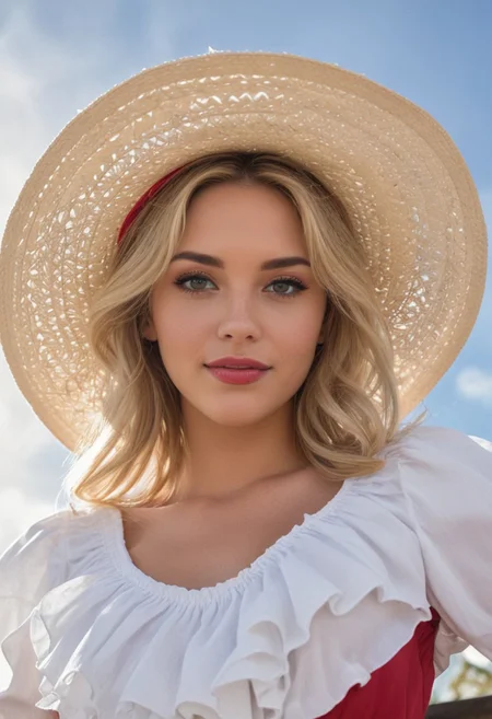 NSFW, a stunningly sexy and gorgeous 21 year old country female, with the sexiest body and long beautiful blonde hair, posing by a fence, directly over the viewer, in a red and white ruffled bouffant dress, cowboy boots and a cowboy hat, full body view, zoomed in panty peeks, close up, from below, 16k uhd, dslr, soft lighting, superior quality, film grain, ultra detailed, hyperrealistic, detailed face, realistic eyes, European face, sky background