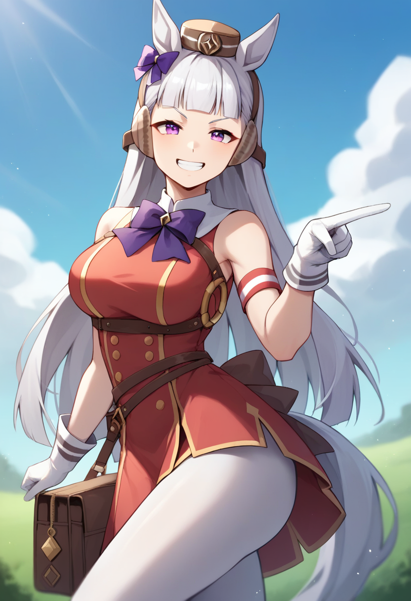 score_9,score_8_up,score_7_up,<lora:fumamusume_all:1>,11girl, blue_sky, blunt_bangs, bowtie, breasts, brown_bag, commentary_request, cowboy_shot, double-breasted, ear_bow, gold_ship_\(umamusume\), grey_hair, grin, hand_up, highres, horse_ears, horse_girl, horse_tail, long_hair, looking_at_viewer, outdoors, pillbox_hat, pointing_at_viewer, purple_bow, purple_eyes, red_shirt, sleeveless_dress, solo, white_gloves, white_pantyhose