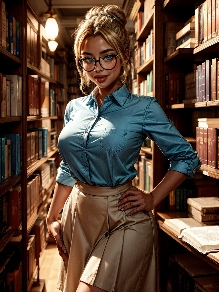 <lora:Raiou_Style:0.5> big lips, thick lips, 1girl, blonde hair, hair bun,  round eyewear, (freckles:0.5), library, librarian, collared shirt, long skirt, aqua eyes, name tag,, smile, closed mouth, 
masterpiece, best quality, intricate detail,
<lora:contrast_slider_v10:3> <lora:backlight_slider_v10:-1> <lora:add_sharpness:1> <lora:add_detail:1>   <lora:weight_slider_v2:0.5>