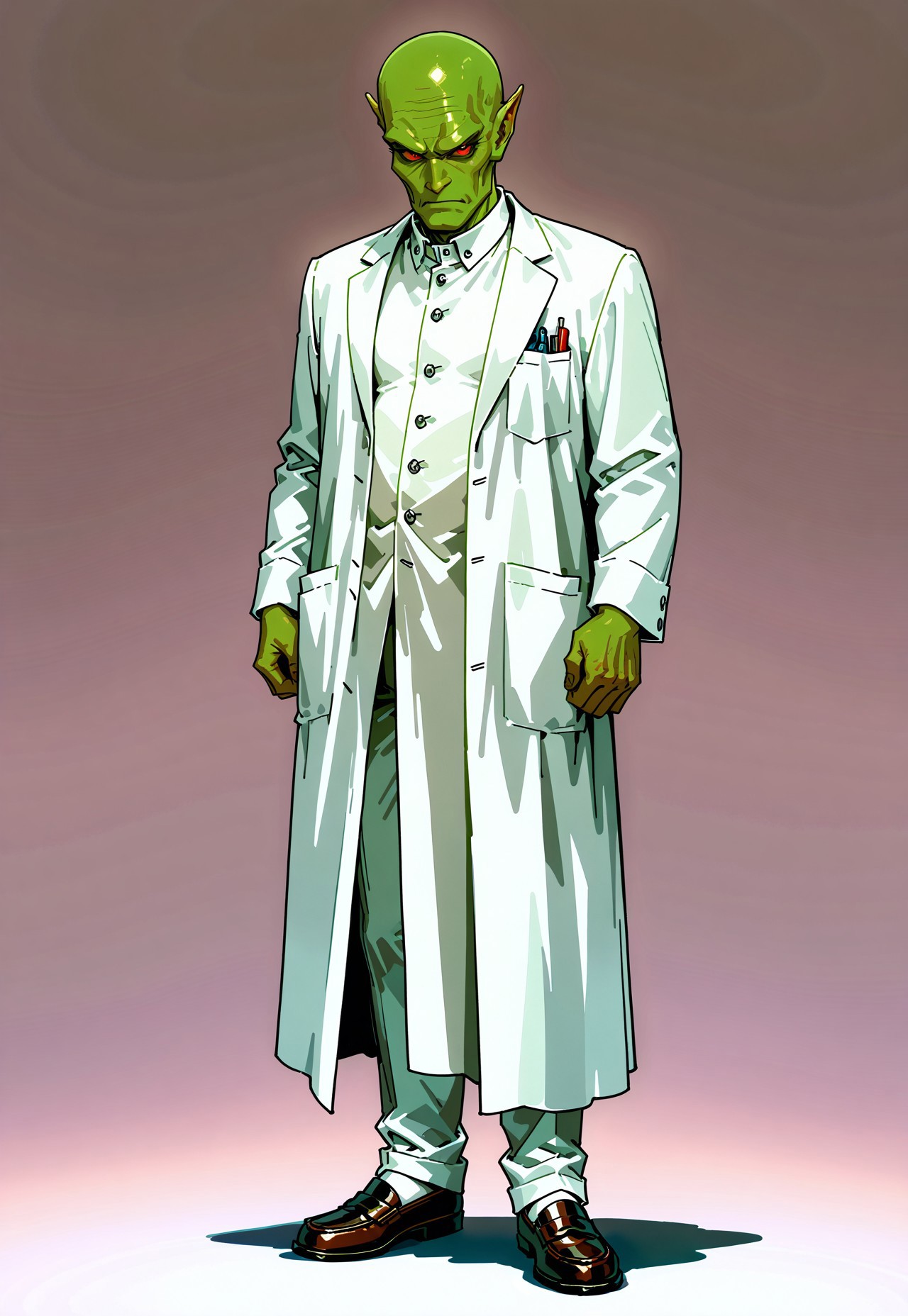 masterpiece, best quality, amazing quality, very aesthetic, absurdres, newest, drvenoilxl, 1boy, red eyes, male focus, pointy ears, green skin, ((white buttoned coat)), ((long lab coat)) bald,  (((old man))),  wrinkles, alien, full body, looking at viewer, standing pose, ((plain background)), solo, scowl, white loafers, ((white collar)), ((buttoned collar)), white pants