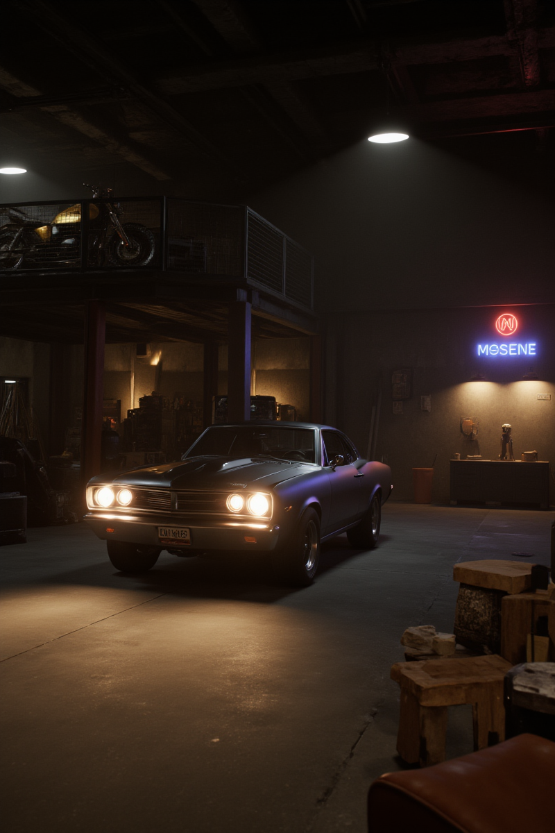 3DGame,The image depicts a vintage muscle car parked inside a dimly lit garage. The car, which appears to be a classic American model, is facing the viewer with its headlights on, casting a warm glow on the concrete floor. The garage is spacious with a high ceiling and a mezzanine level visible in the background, suggesting a multi-use space.
Various items are scattered around the garage, including a motorcycle lifted on a stand, a workbench with tools, and a leather armchair with a small table holding a few items. The walls are adorned with automotive-related decor, and a neon sign adds a touch of color to the otherwise muted tones of the scene. The overall atmosphere is one of nostalgia and a passion for classic automobiles, with the garage serving as a sanctuary for car enthusiasts.