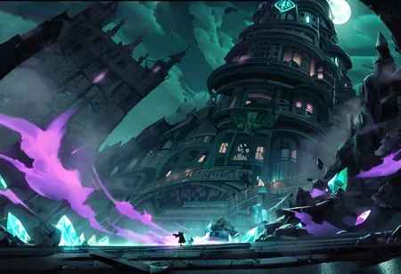 houtline, digital_art, (Best quality), standing, building, weapon, hat, pillar, from_behind, a wizard  fighting a legendary chess boss, glowing, cape, fog, silhouette, full_body, outdoors, sword, indoors, holding, long_hair, night, 1boy, fight_group, sky, (scenery),  holding_weapon, stairs, (monster), battle, dress, facing_away, (boss_fight:1.2), cloak, hood, long_sleeves, arch, witch_hat, male_focus, lamppost, blonde_hair, ruins, gloves, sitting, science_fiction, dark, light, reflection, full_moon, floating, witch, bridge, hitodama, holding_sword, legendary_monster, coat, night_sky, (dutch_angle:1.2), (size_difference:1.4), street_view, street, glowing_eyes, light_rays, rain, motion_blur, motion_lines,  from_side, chess_(theme), tower_(theme), chess, queen_chess_piece, Piece_monster, , boots, short_hair, railing, sign, ghost, crystal, wide_sleeves, pants, lights, skyscraper, red_eyes, walking, cloud, blue_hair, hooded_cloak, multiple_girls, epic, staff, (statue), riding, creature, legs_apart, full_armor, castle, planted_weapon, purple_lights, smoke, purple smoke, Aqua_(theme)