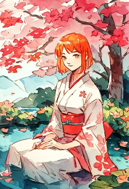 score_9, score_8_up, score_7_up, score_6_up, watercolor painting, japanese calligraphy, 1woman, human Japanese woman sitting, orange hair, flowers, sakura tree, pink leaves, pond