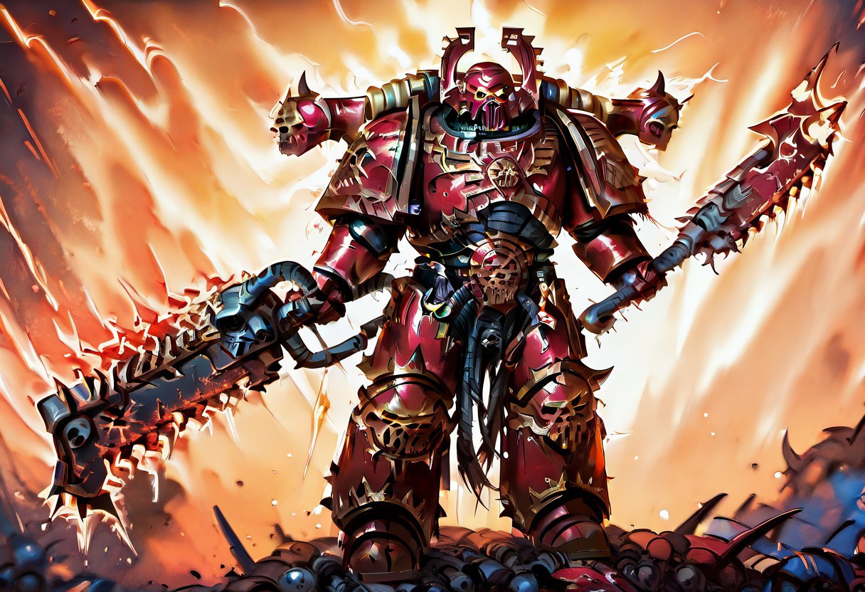 Score_9_up, absurdres, Source: GamesWorkshop, best quality, expressive eyes, perfect face, space marine, World Eaters Traitor Astartes Chapter Exalted Eightbound Berserker holding a chainsword, red armor, spiked horned astartes helmet, full body, volumetric lighting project unreal engine, mantisdetailerse, <lora:warhammerAdeptus_v1:0.7>,