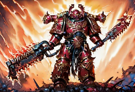 Score_9_up, absurdres, Source: GamesWorkshop, best quality, expressive eyes, perfect face, space marine, World Eaters Traitor Astartes Chapter Exalted Eightbound Berserker holding a chainsword, red armor, spiked horned astartes helmet, full body, volumetric lighting project unreal engine, mantisdetailerse, <lora:warhammerAdeptus_v1:0.7>,
