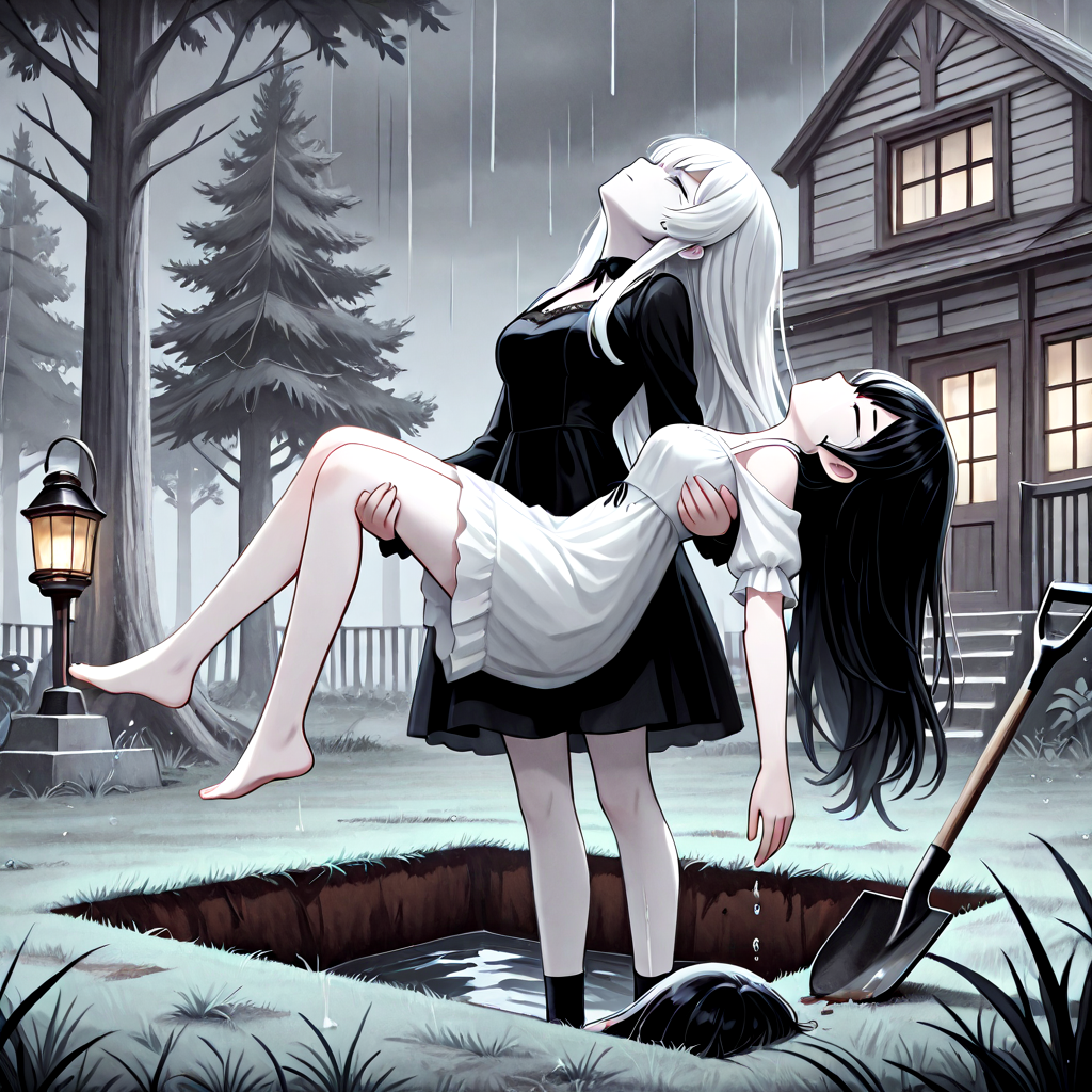 absurdres, explicit, grave digging, hand on ground, princess carry, 2girls, sleeping, carrying, crying, tears, sad, breasts, closed eyes, closed mouth, pale skin, long hair, black hair, white hair, gothic dress, bangs, tree, grass, death, corpse, victorian, house, building, oil lamp, lantern, shovel, fog, smog, grey sky, head tilt, rain, water drop, from below, low angle, walking, profile, ((leaning back)), <lora:girlhategravedigging_ilxl:0.8>