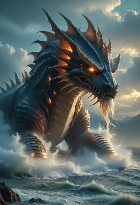 The Leviathan, a colossal sea creature of divine terror and majesty, rises from the abyss, its scaly, armored body glistening under a storm-ridden sky. Towering waves crash against its massive form as its serpentine body coils and twists, partially submerged in the churning ocean. Its gargantuan jaws, lined with jagged, glistening fangs, part to release an ear-shattering roar that shakes the heavens.
Lightning illuminates the creature’s burning eyes, glowing with an unnatural, almost celestial fire. Its ridged back, covered in impenetrable plates, pierces through the water like jagged mountains, while its long, barbed tail lashes with the force of a tidal wave, scattering ships like driftwood.
The surrounding sea is in chaos—wreckage of vessels old and new float aimlessly, remnants of past encounters with the unkillable beast. In the distance, horrified sailors cling to their shattered ships, whispering prayers as the living nightmare moves with deliberate, unstoppable force.
A being of both divine wrath and enigmatic purpose, the Leviathan is no mere monster—it is a harbinger, a force beyond human understanding, its existence woven into the fabric of creation itself.
Ultra-detailed, cinematic lighting, biblical mythological horror, epic oceanic destruction, dark and moody composition