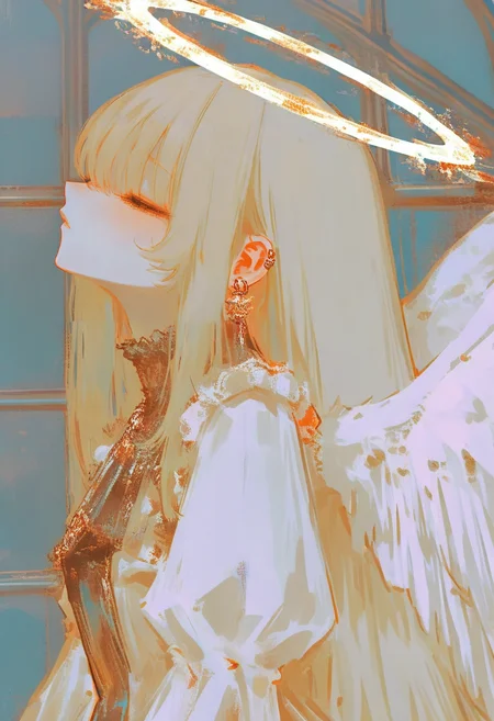 1girl, solo, halo, wings, long hair, angel wings, earrings, angel, jewelry, upper body, closed eyes, feathered wings, dress, bangs, blonde hair, from side <lora:748cmXL_NBVP1_lokr_V6311P:0.95>
