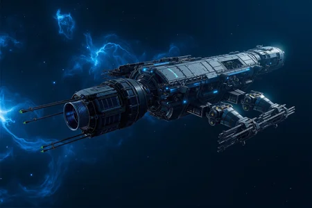 <lora:SpaceCraft_v.1:0.8> SPCCRFT style. A colossal spacecraft drifts through the vastness of deep space, its intricate, industrial design illuminated by the ethereal glow of distant nebulae. The ship's exterior is a labyrinth of mechanical complexity, with interwoven modules, exposed conduits, and an array of reinforced plating that suggests both durability and advanced engineering. The forward section extends into elongated antenna-like structures, adding to its commanding presence and suggesting functions related to deep-space communication or scanning. A soft interplay of cool blue lighting accentuates the vessel's intricate details, casting sharp contrasts against the darker recesses of its hull, emphasizing the fusion of utilitarian design with a sleek futuristic aesthetic. The surrounding space is an expanse of deep navy, punctuated by swirling, gaseous formations in electric blue hues that provide an atmospheric backdrop, enhancing the ship's sense of scale and isolation. This composition follows a highly detailed, photorealistic sci-fi style, with an emphasis on mechanical realism, intricate texturing, and cinematic lighting, evoking themes of exploration and technological grandeur.