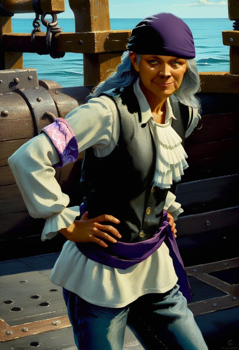 score_9_up, score_8_up, score_7_up, score_6_up, 1girl, solo, n4tasha_PY, yellow eyes, pirate, grey hair, long hair, bandana, white shirt, black vest, purple sash, armband, ascot, denim jeans, proud smile, hands on hips, standing on the deck of a pirate ship, blue sky, sunshine, (realistic, painted art)