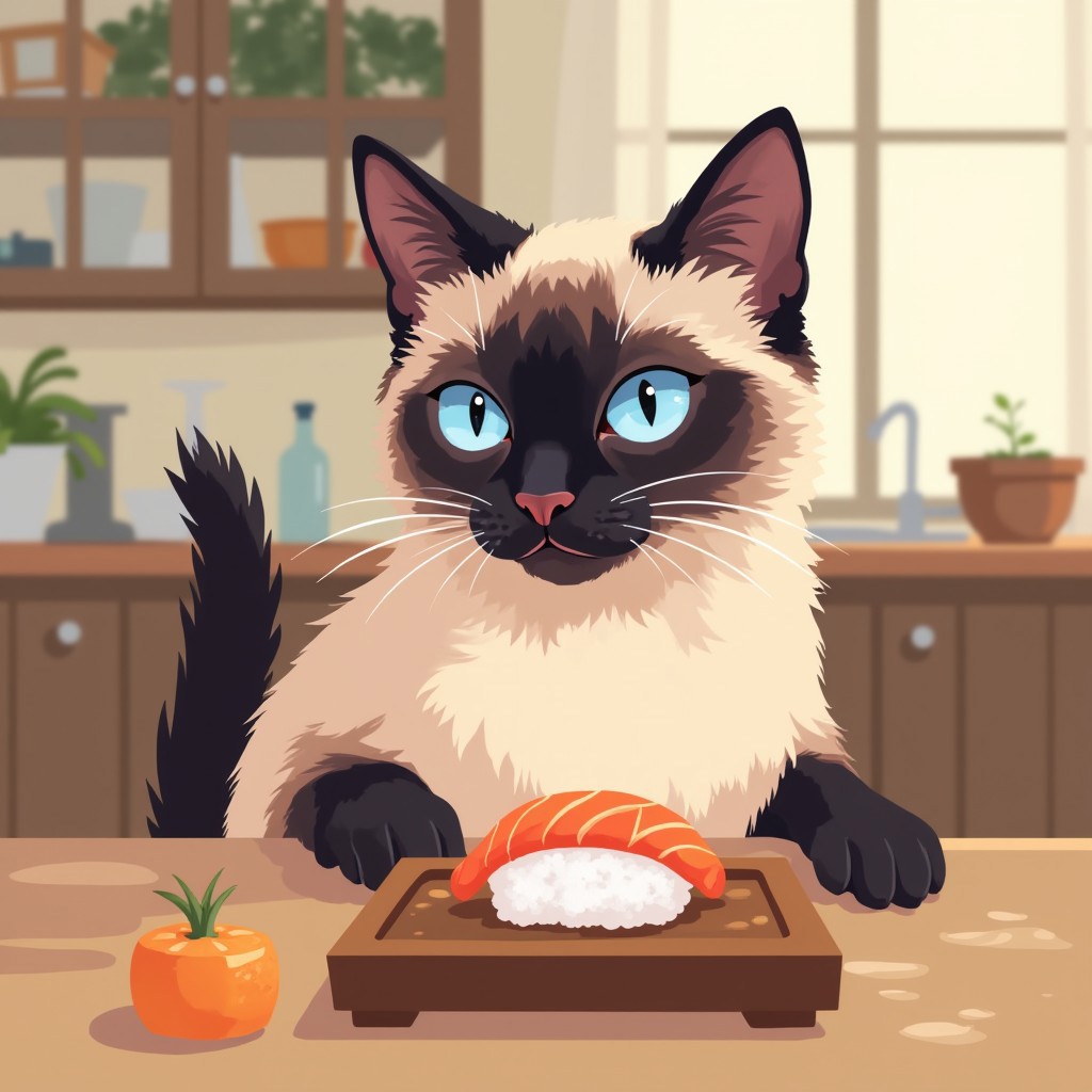 i11ustmin Illustration of a siamese cat sitting at the kitchen table staring at a piece of sushi