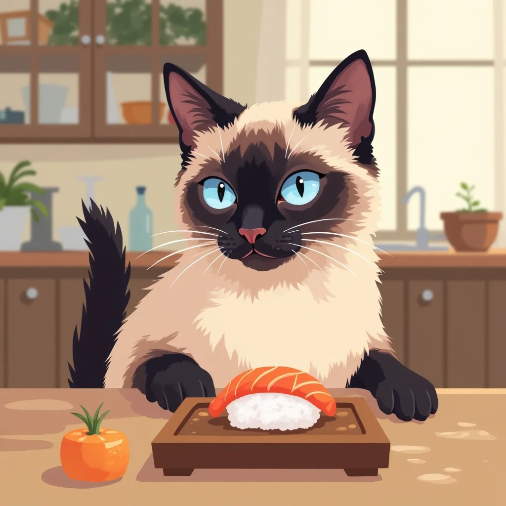 i11ustmin Illustration of a siamese cat sitting at the kitchen table staring at a piece of sushi
