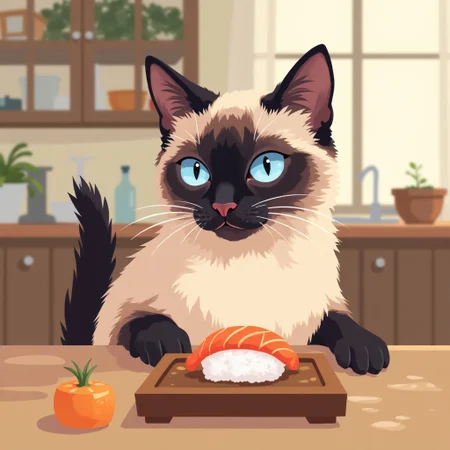 i11ustmin Illustration of a siamese cat sitting at the kitchen table staring at a piece of sushi
