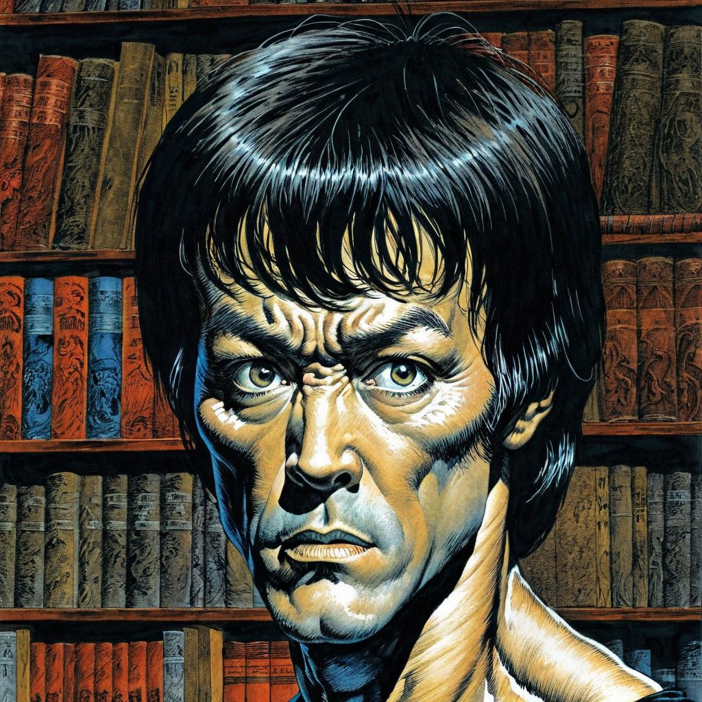 color illustration in berniewrightson style, extremely detailed, masterpiece, tenebrism, high contrast, 
Bruce Lee,
portrait of the author, haunted eyes, 
Extraterrestrial library in the background,
horrified expression
  <lora:BernieWrightson_Style_XL_V4.1:0.7>