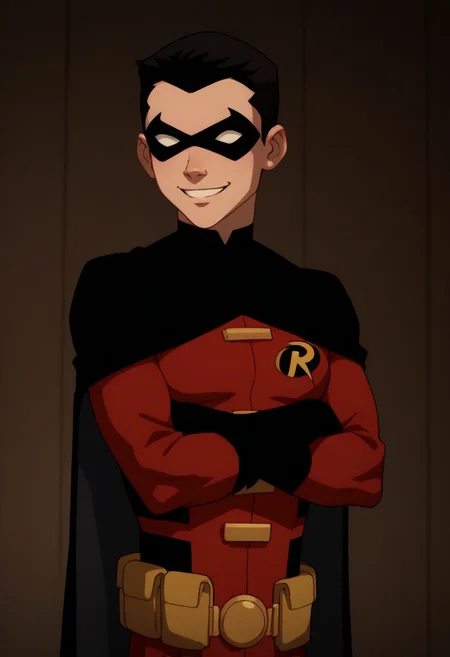 score_9, score_8_up, score_7_up, highly detailed, cute boy, 1boy, solo, timdrakeyj, red outfit, robin symbol, black cape, utility belt, domino mask, black hair, smile, arms crossed