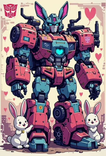 <lora:ck-nc-pastel-cyberpunk:1.0>, A digital artwork in the style of cknc, transformers fuse with cute little bunnies