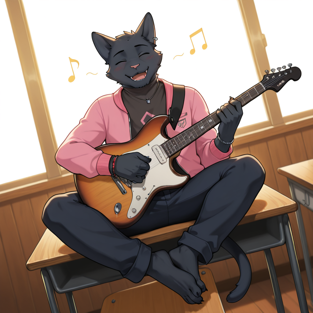 Furry, male, solo, cat, cat boy, black cat, tail, claws, ear piercing, yellow sclera, yellow eyes, paws, beamed eighth notes, blush, bracelet, closed eyes, desk, electric guitar, facing viewer, full body, guitar, holding guitar, holding instrument, instrument, jacket, long sleeves, musical note, necklace, open clothes, open jacket, open mouth, smile, pink jacket, shirt, sitting, school desk, on desk, playing guitar, dynamic pose, dynamic angle, dutch angle, masterpiece, best quality, amazing quality, very aesthetic, highres, absurdres, detailed background, tomasz <lora:Tomasz_Tyszko:1>, <lora:add-detail-xl:0.5>, <lora:Expressive_H:0.2>, <lora:spo_sdxl_10ep_4k-data_lora_webui:0.2>, <lora:sdxlVAE_sdxlVAE:0.1>, <lora:noobai_ep11_stabilizer_v0.138_fp16:0.3> , <lora:noobaiXLNAIXL_epsilonPred11Version-lora:0.1>