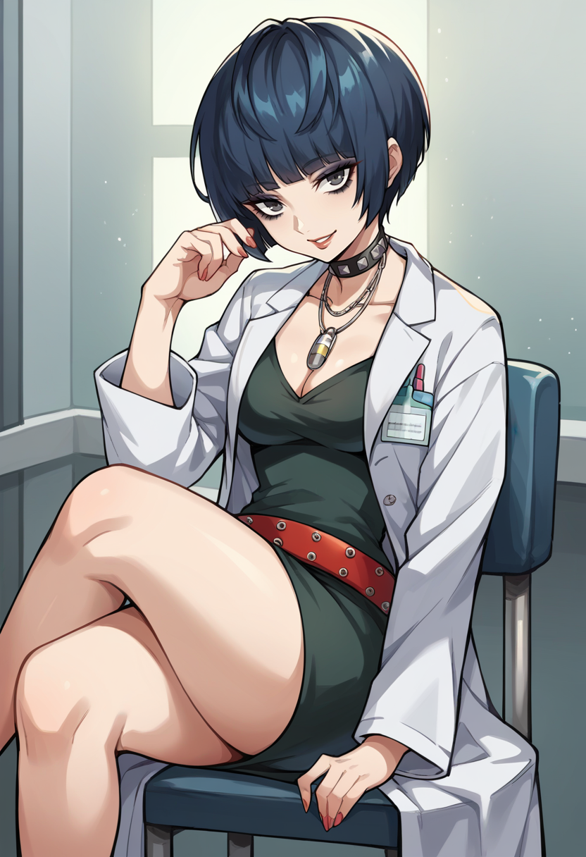 score_9, score_8_up, score_7_up, source_anime BREAK 1girl, solo,   <lora:zs_TakemiXL:1>takemip5, short hair, black hair, blue hair, labcoat, black dress, belt, choker, necklace, cleavage, high heels makeup, eyeliner, assertive female, smile, stool, infirmary, hospital room, looking at viewer, crossed legs
