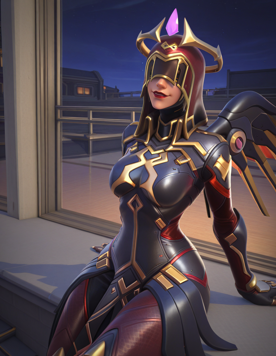 Masterpiece, high-res, 2k, best quality, 3d, solo focus,infinite seer mercy, mercy (overwatch)  , at night, Sitting on a window ledge looking outside<lora:Infinite_seer_Illus-000034:1>