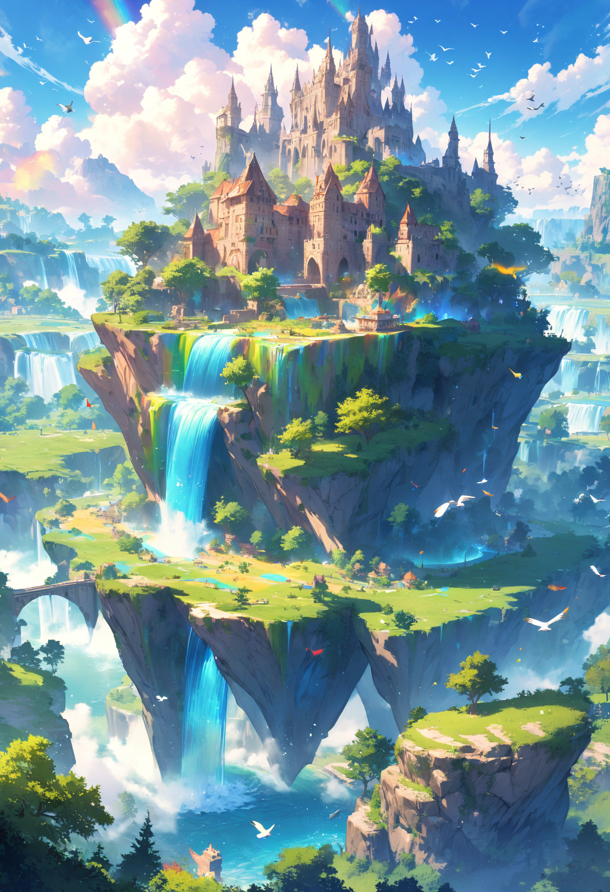 detailed lanscape, celestial island, waterfall, blue sky, clouds, stone castle, green, grass, trees, birds flying, fantasy, colorful, best quality, very aesthetic, absurdres, <lora:add-detail-xl:1>, <lora:MJ52:0.25>