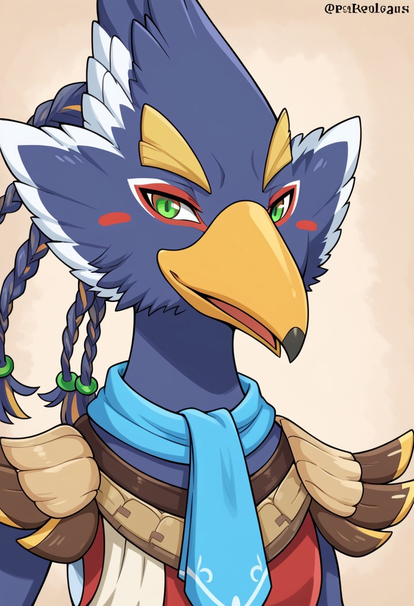best quality, newest, absurdres, highres,solo,Anthro,bird,revali,green eyes,blue fur,beak,face focus