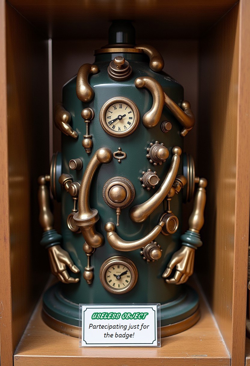 An useless object on a shelf , very complicate with hands, knobs and switches. Below there is a shelf label that says "Useless object. Partecipating just for the badge!"