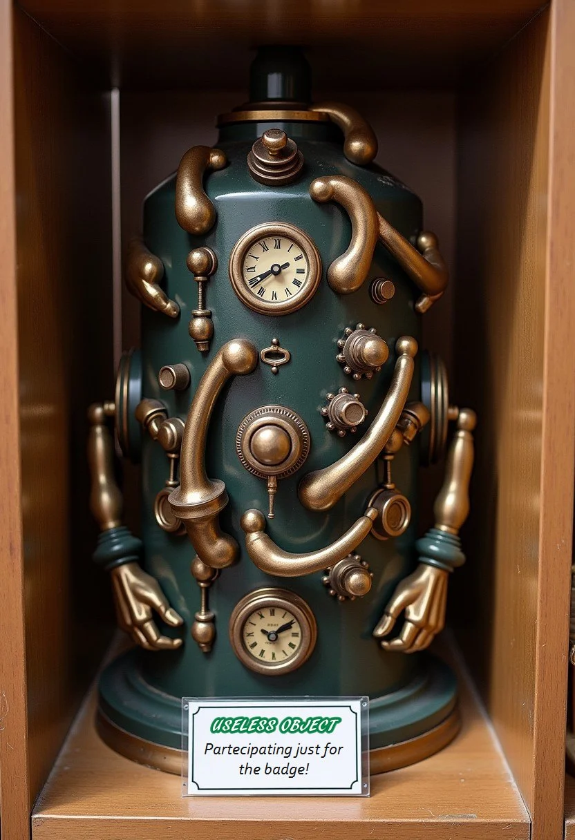 An useless object on a shelf , very complicate with hands, knobs and switches. Below there is a shelf label that says "Useless object. Partecipating just for the badge!"