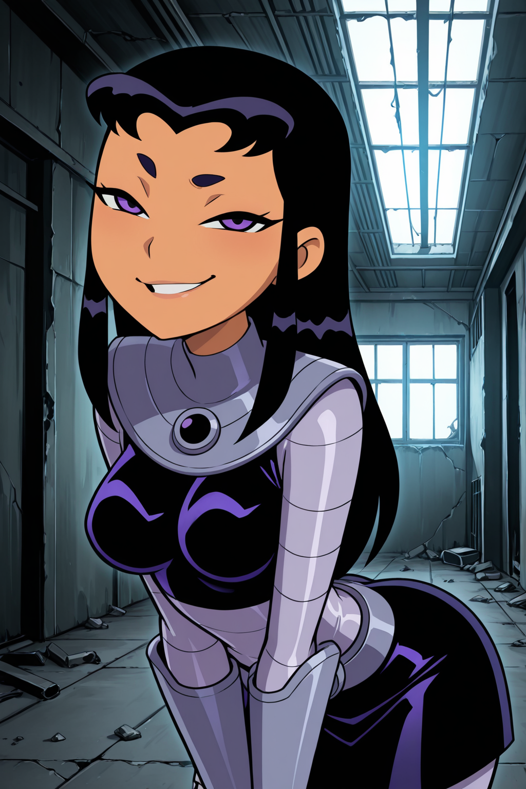 ((parody, animification, official style)), perfect anatomy, perfect eyes, close-up, cowboy shot) BREAK <lora:StarfireBlackfireILL:1> komand'r, purple eyes, long hair, black hair, orange skin, breasts, naughty eyes, naughty face, smug, (looking at viewer), bodysuit, armor, black skirt, sexy pose, arched back, showing off body, abandoned warehouse, indoors