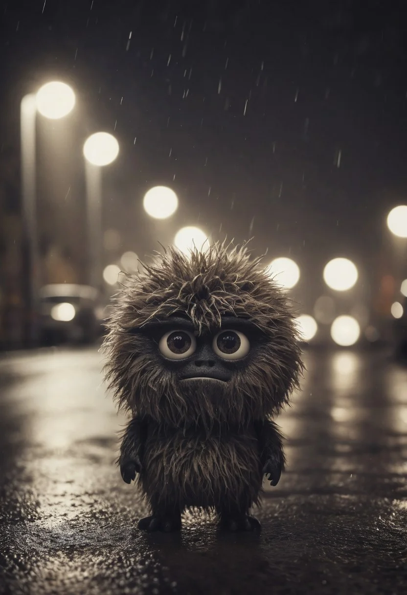 Small furry monster, fur ball, fluffy, shot at night, cute monster, expressive eyes, sad and curious appearance, heartbreaking, very cute, heavy rain, very sad, lonely, lost place, desaturated, dramatic lighting, desaturated background, bokeh, dark theme, soothing tones, depth of field, dramatic backlighting, film grain,