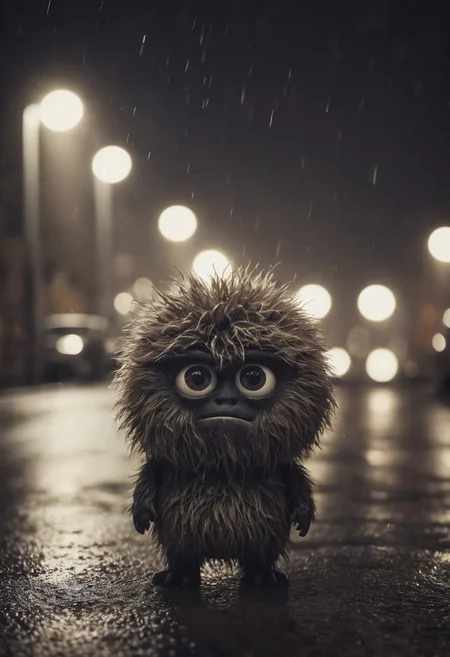 Small furry monster, fur ball, fluffy, shot at night, cute monster, expressive eyes, sad and curious appearance, heartbreaking, very cute, heavy rain, very sad, lonely, lost place, desaturated, dramatic lighting, desaturated background, bokeh, dark theme, soothing tones, depth of field, dramatic backlighting, film grain,