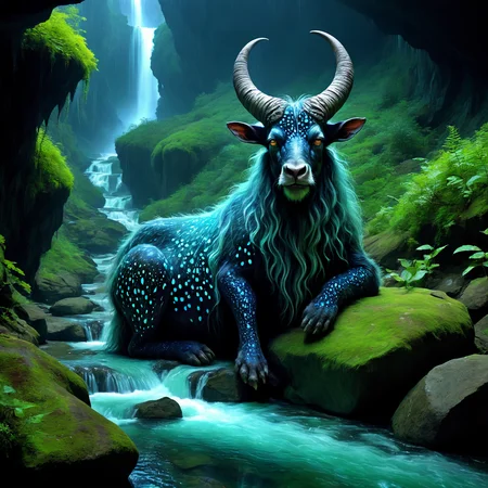 a magnificent mature satyr lying in a mountain river, illuminated jagged rocks, very detailed, intricate, dw01-3400, Georgian colour palette