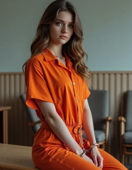 handcuffed woman, hxndcxffs, prisoner jumpsuit <lora:handcuffed-flux:1> hxndcxffs