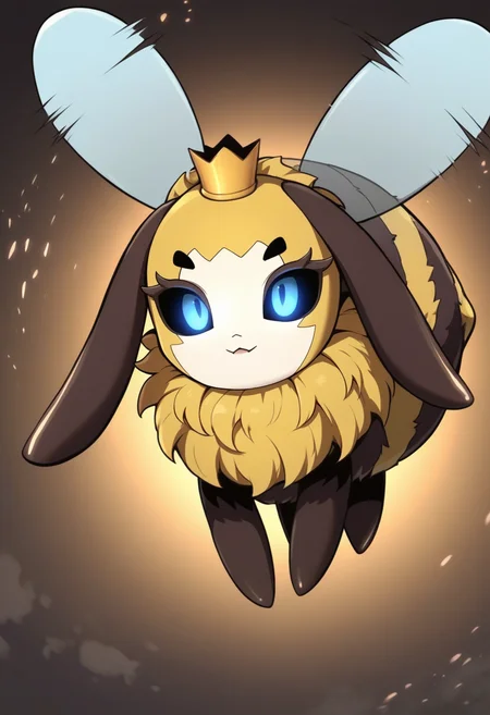 score_9, score_8_up, score_7_up, solo , <lora:add-detail-xl:3>,
BREAK
<lora:Bee_Queen:0.8>, monster bee, pokemon (creature), bug, blue eyes, mini crown, flying, looking at viewer,dark theme, glowing eyes,