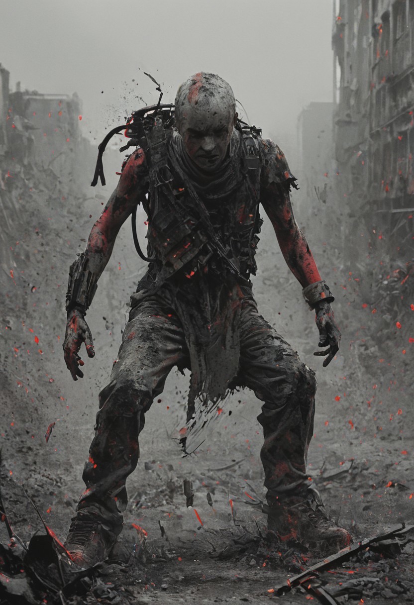 a combat cyborg, battle damaged, looking at the sunset over a faraway distopian city, colorful, muted rusted eroded paint, looking defeated,