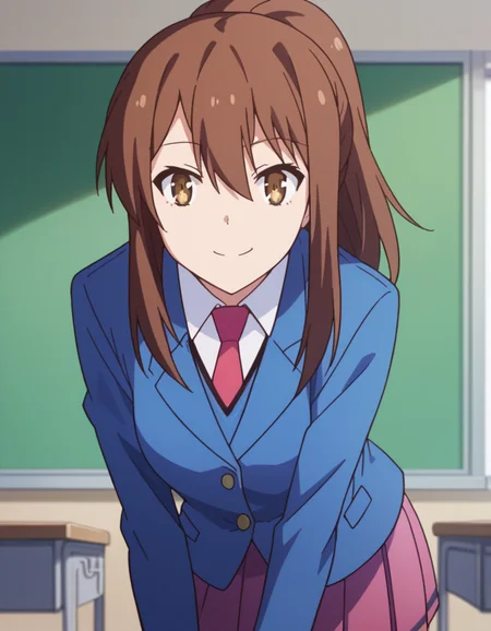 score_9, score_8_up, score_7_up, source_anime,
nanamiaoyama, <lora:nanami-aoyama-s1-ponyxl-lora-nochekaiser:1>,
nanami aoyama, long hair, bangs, brown hair, hair between eyes, brown eyes, ponytail, sidelocks,
skirt, school uniform, jacket, pleated skirt, necktie, blazer,
indoors, classroom, bent over, smile,
looking at viewer, cowboy shot, solo, dutch angle