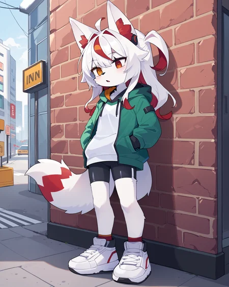score_9, score_8_up, score_7_up, source_anime,  <lora:[PonyXL] The Murder of Sonic the Hedgehog Style (AcanthAI):0.7> tmosth, flat color, sloppy coloring, 
<lora:[PonyXL] Knia (Boxtel):0.9> Knia, furry female, fox girl, orange eyes, heterochromia, red eyes, animal nose, white fox ears, white fox tail, long hair, white hair, multicolored hair, red hair, animal ear fluff, body fur, white fur, 
green hooded jacket, black bike shorts, white sneakers, hood down, hands in pocket, full body, city, leaning back against wall,