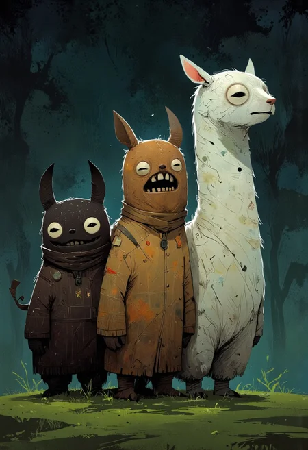 fugglers, A medium-close-up view of three differently colored and differently sized alpacas standing in a grassy field. They have long hair and look very fluffy. The alpaca on the left is facing the camera, while the other two are facing the right. They are all facing the same direction, and their bodies are slightly angled to the left. The back of the alpaca is slightly angled towards the left side of the image, and the front of the one on the right is facing towards the right side. Midnight, dark horror background, CreeepyCuteMagic, ppstorybook