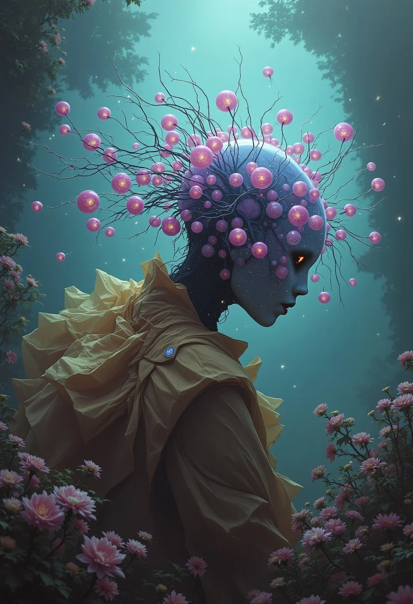 DB4RZ style painting,Futuristic mutant with jellyfish replacing human head, colorful, floating colored bubbles, intricate details, half-length portrait, surrounded by luxurious crystal palace, radiating light