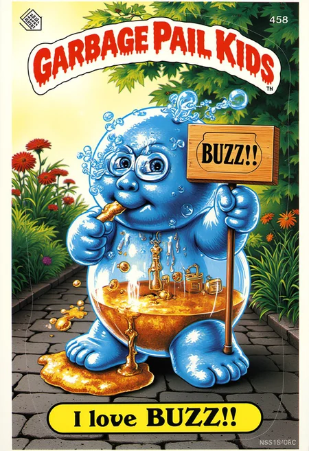 A vibrant cartoon-style image of a Garbage Pail Kid named "BUZZ" with the iconic "GARBAGE PAIL KIDS" logo in bold red lettering at the top. "I Love BUZZ!" is written in bold letters at the bottom of the image. A liquid glass creature holding a sign "BUZZ!!!". He stands in a garden with sunlight glinting off his glassy surface. The creature is half filled with beer, burping golden bubbles into the air. The scene is filled with vibrant, otherworldly colors and exaggerated, cartoonish details.