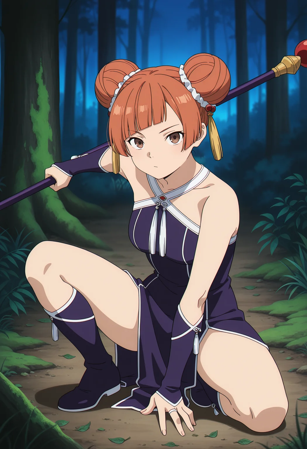 anime screencap, masterpiece, best quality,
<lora:SousouNoFrieren_Laufen_IlluXL:0.9>,  
1girl, solo,
orange hair, short hair, double bun, blunt bangs, brown eyes, tassel hair ornament,
LaufenSSnF, china dress, sleeveless dress, purple dress, halterneck, bridal gauntlets, knee boots, purple footwear,
holding staff, outstretched arm, out of frame, hand on floor,
dark, night, squatting, spread legs, fighting stance, looking at viewer,
photo background, forest, tree, moss, leaf, grass, nature, blurry background