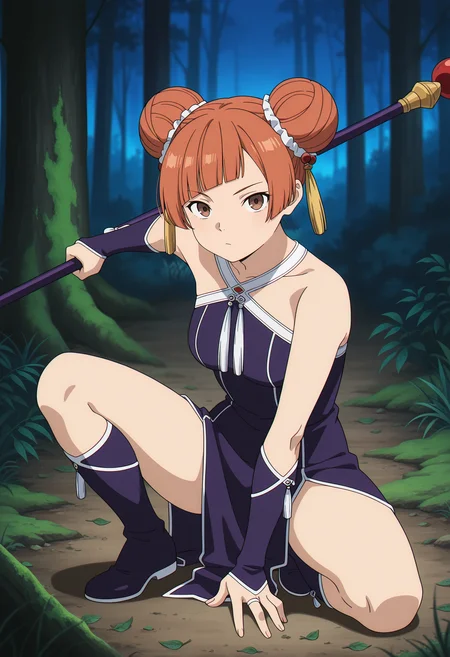 anime screencap, masterpiece, best quality,
<lora:SousouNoFrieren_Laufen_IlluXL:0.9>,
1girl, solo,
orange hair, short hair, double bun, blunt bangs, brown eyes, tassel hair ornament,
LaufenSSnF, china dress, sleeveless dress, purple dress, halterneck, bridal gauntlets, knee boots, purple footwear,
holding staff, outstretched arm, out of frame, hand on floor,
dark, night, squatting, spread legs, fighting stance, looking at viewer,
photo background, forest, tree, moss, leaf, grass, nature, blurry background