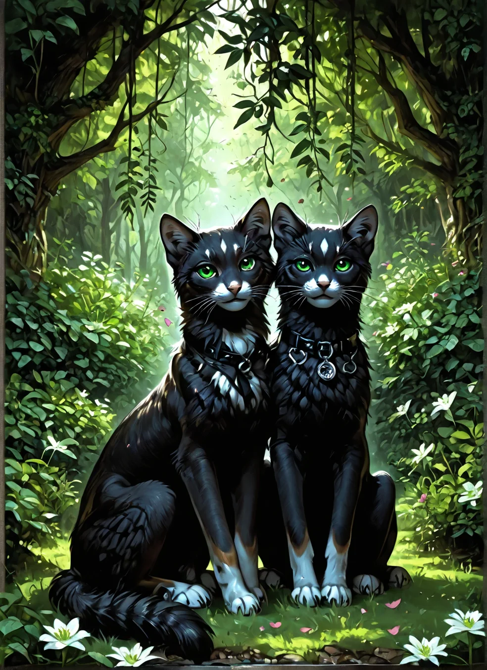 A beautifully balanced and serene composition featuring two cats sitting side by side. One is a sleek black cat with piercing green eyes, and the other is a pure white cat with gentle green eyes, both gazing directly at the viewer. The background is adorned with soft pink flowers and lush green leaves, creating a harmonious and natural setting. The lighting is warm and diffused, emphasizing the soft texture of the cats' fur and the delicate petals of the flowers. The scene captures a tranquil moment of coexistence between nature and animals, blending realism with a subtle artistic touch. BRAKEwildlife photography, capturing nature's beauty, breathtaking landscapes, immersive experience, storytelling through imagery, showcasing wildlife behavior, sharp details, evocative composition, unique perspective
professional, engaging, compelling