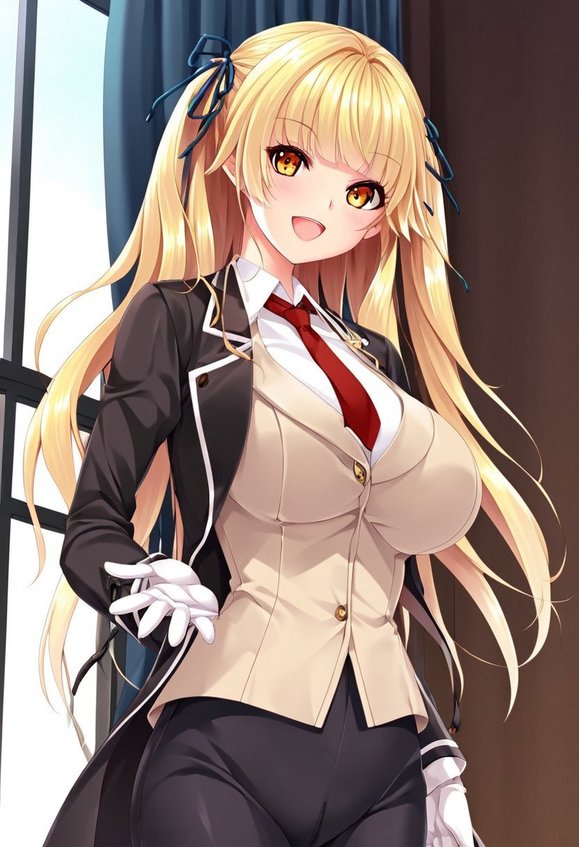 masterpiece, absurdes, highly detailed, highres, high quality, best quality, score_9, score_8_up, score_7_up, score_6_up, anime_source, source_anime, anime coloring, high resolution, Detailed face, Best quality, ultra-detailed eyes, High-resolution portrait, sharp detail, vivid eyes with subtle highlights, masterpiece, source_anime, anime style, cowboy shot, rare view,  center view, five fingers,
Break, 
<lora:Ore ga Kousoku_Yuzu Mayuko:1>, 1girl, solo, solo focus, looking at viewer, blonde hair, blunt bangs, straight hair, twin tails, long hair, amber eyes, breasts, large breasts, pale, slim, sexy, curvy, voluptuous, black tailcoat, beige vest, white dress shirt, red tie, black trousers, white gloves, relaxed posture, relaxed pose, smile, open mouth, standing,
Break,
indoor, mansion, windows, curtains, daytime, natural light,