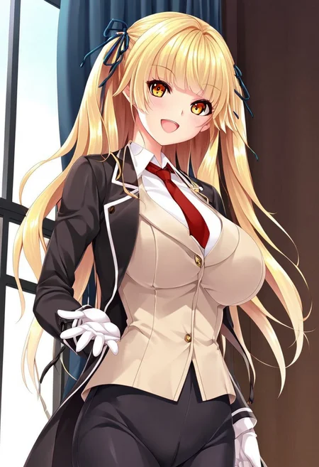 masterpiece, absurdes, highly detailed, highres, high quality, best quality, score_9, score_8_up, score_7_up, score_6_up, anime_source, source_anime, anime coloring, high resolution, Detailed face, Best quality, ultra-detailed eyes, High-resolution portrait, sharp detail, vivid eyes with subtle highlights, masterpiece, source_anime, anime style, cowboy shot, rare view, center view, five fingers,
Break,
<lora:Ore ga Kousoku_Yuzu Mayuko:1>, 1girl, solo, solo focus, looking at viewer, blonde hair, blunt bangs, straight hair, twin tails, long hair, amber eyes, breasts, large breasts, pale, slim, sexy, curvy, voluptuous, black tailcoat, beige vest, white dress shirt, red tie, black trousers, white gloves, relaxed posture, relaxed pose, smile, open mouth, standing,
Break,
indoor, mansion, windows, curtains, daytime, natural light,