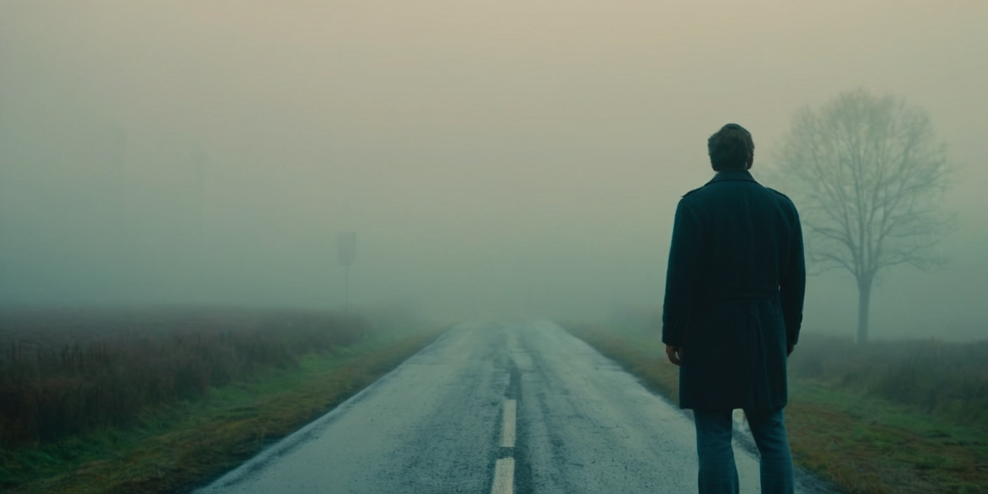 cinematic film still of  <lora:cinematic vintage film:1.2>
Diffused Light
a man standing on a road in the fog cinematic vintage film style, shallow depth of field, vignette, highly detailed, high budget, bokeh, cinemascope, moody, epic, gorgeous, film grain, grainy